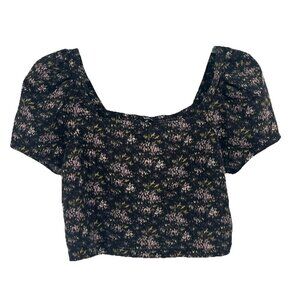 Madewell Black Floral Crop Top Cottagecore Sz Medium Short Sleeve Romantic Chic